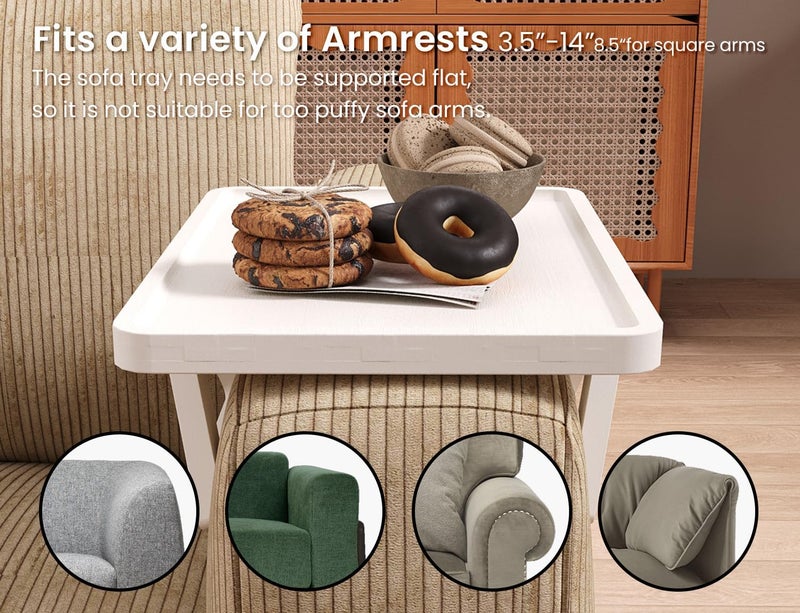 Danfoxer 2 Pack Couch Arm Tray,Bamboo Folding Sofa Tray,Sofa Armrest Trays Clip-On Couch Desk for Drinks,Snacks,Phone,Remote Control（White） - Image 4